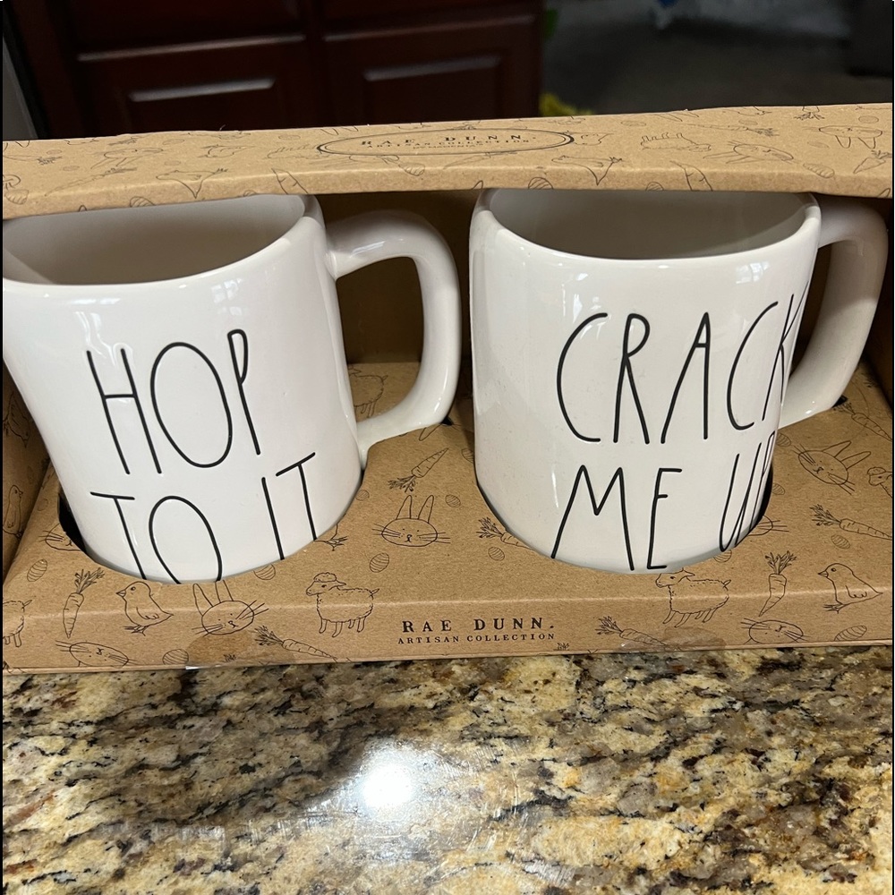 NWOT - RAE DUNN “HOP TO IT” & “CRACK ME UP” MUG SET - BRAND NEW IN BOX